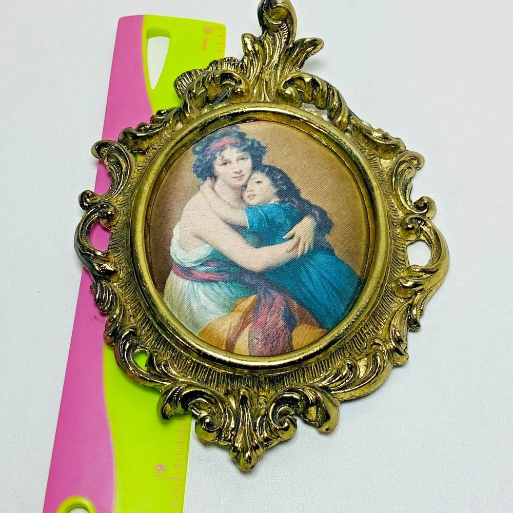 Vintage Mother and Daughter on Silk Padded in Bronze Brass Wall Hanging‎ Frame